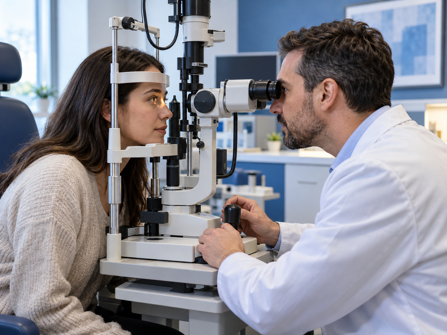 Fictional optometrist examining an eye with a slit-lamp